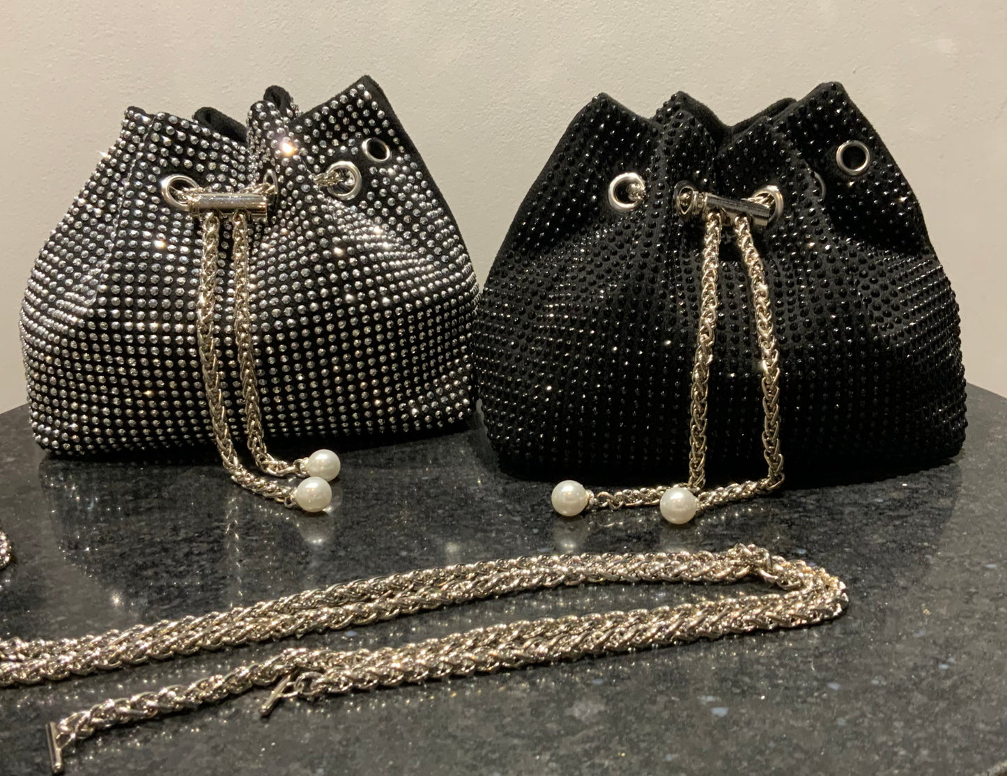 Studded Drawstring Bucket Bag with Chain Strap - 2 Colours