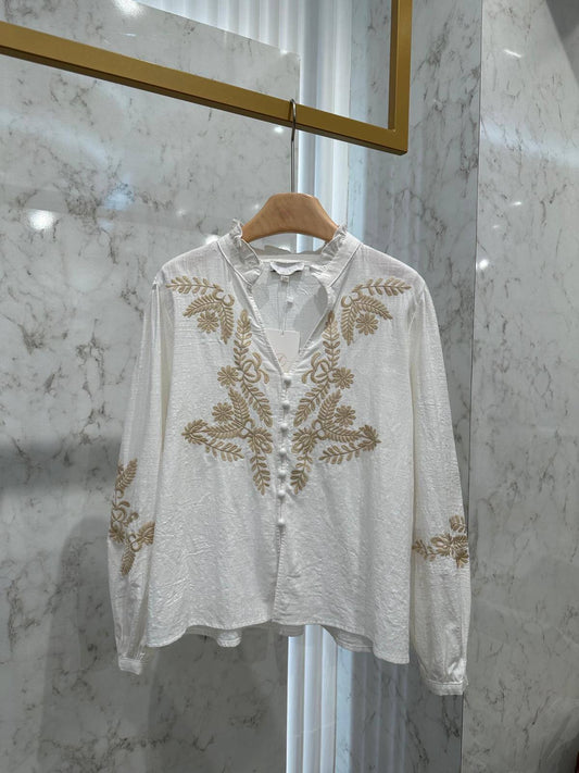 Avery White Soft Cotton Embroidered Blouse ￼- Gold
