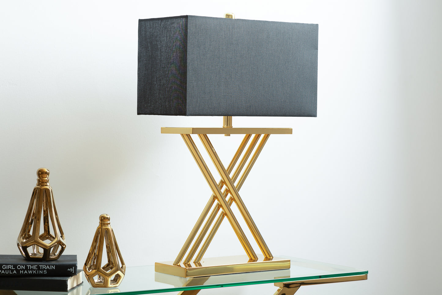 Denver X Frame Tall Table Lamp - Gold finish with Black Faux Silk Shade - 70cm