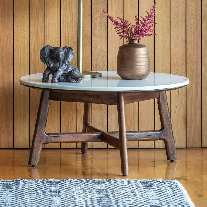 Milano Acacia Wood and Marble Round Coffee Table