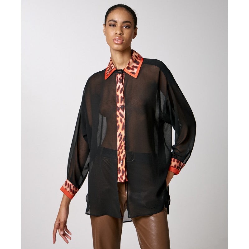 Access Fashion Muslin Shirt with Satin Leopard Print Accents