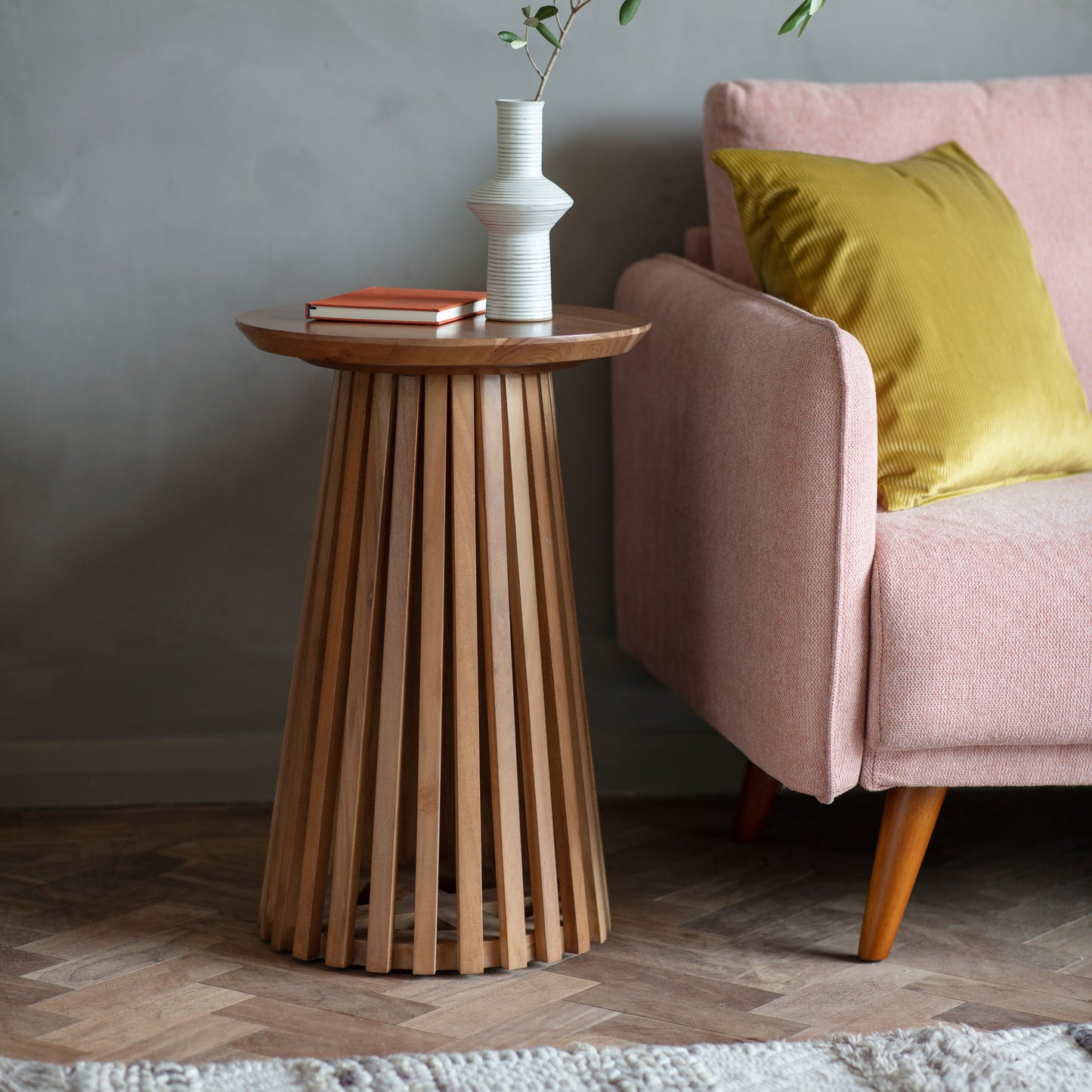 Safia Round Slatted Conical Base Side Table