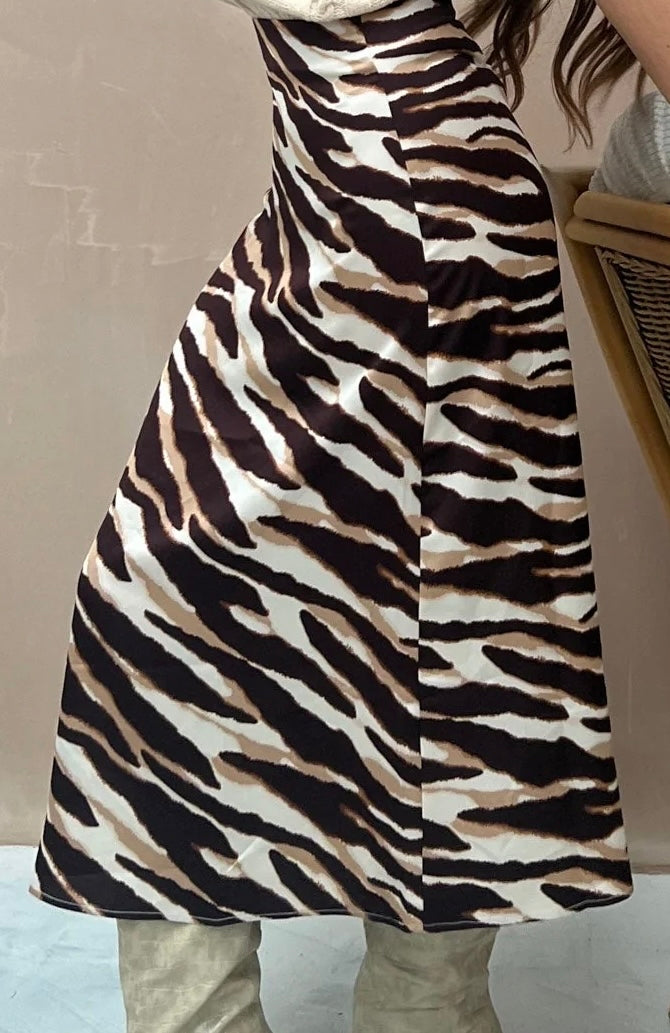 Brown Zebra Print Midi Skirt