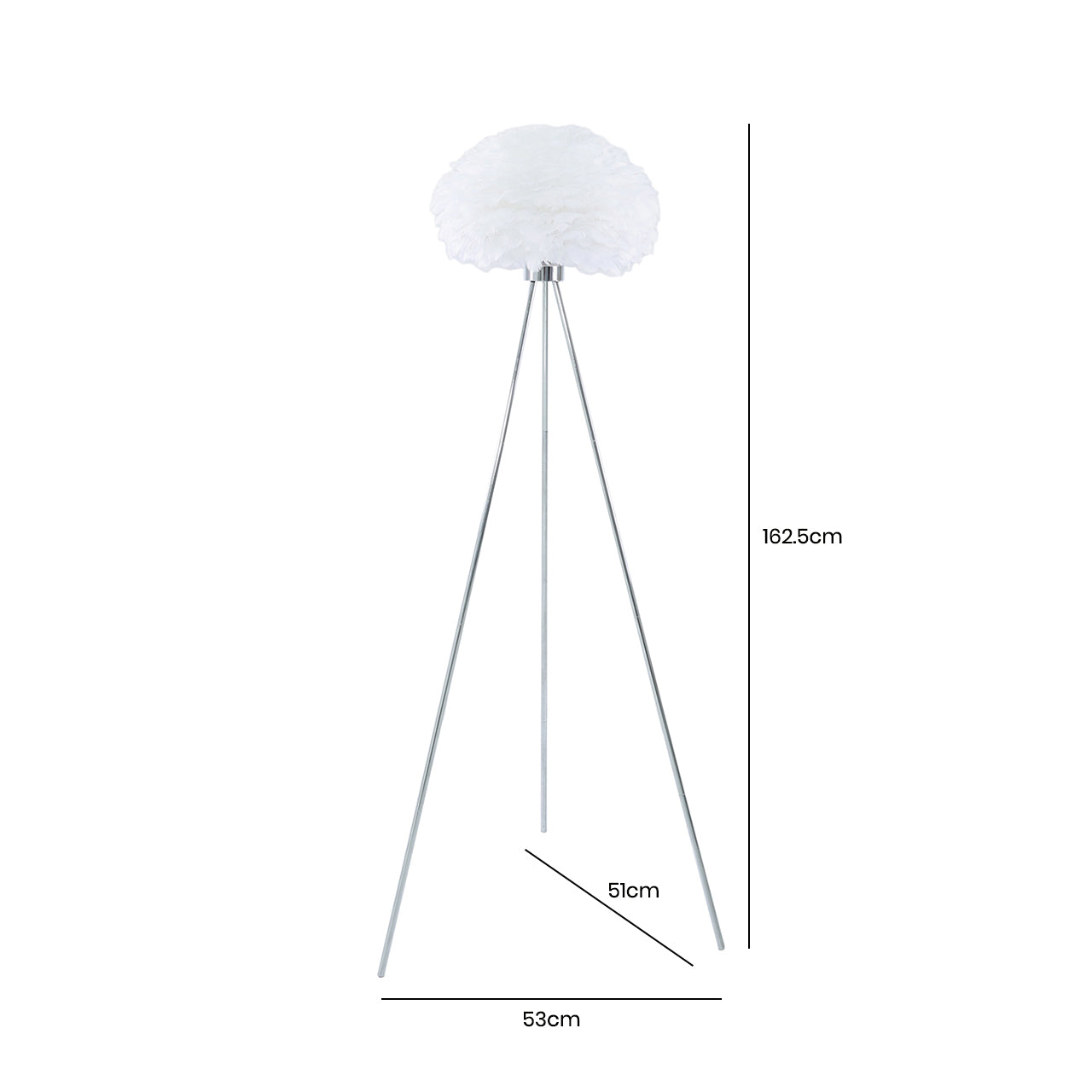 Chrome Tripod Floor Lamp with White Feather Shade - 162.5cm
