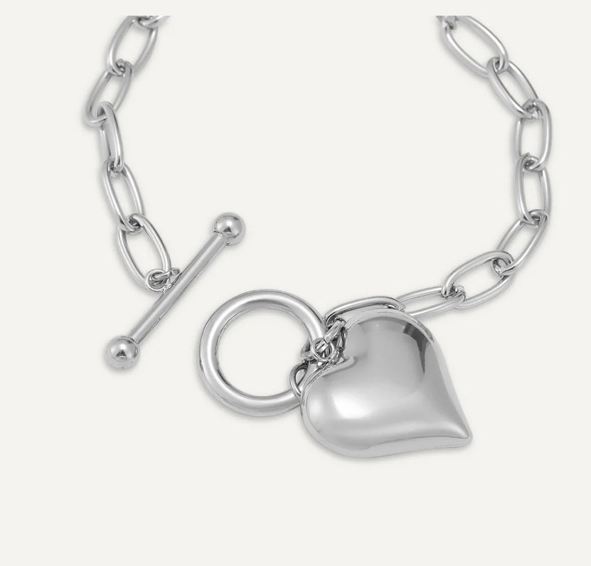 T Bar Heart Charm Clasp Bracelet - Silver