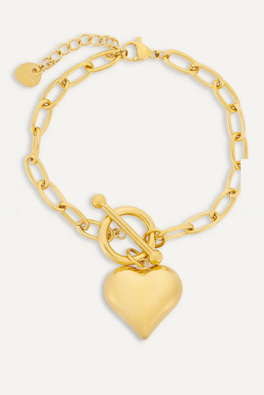 T Bar Heart Charm Clasp Bracelet - Gold