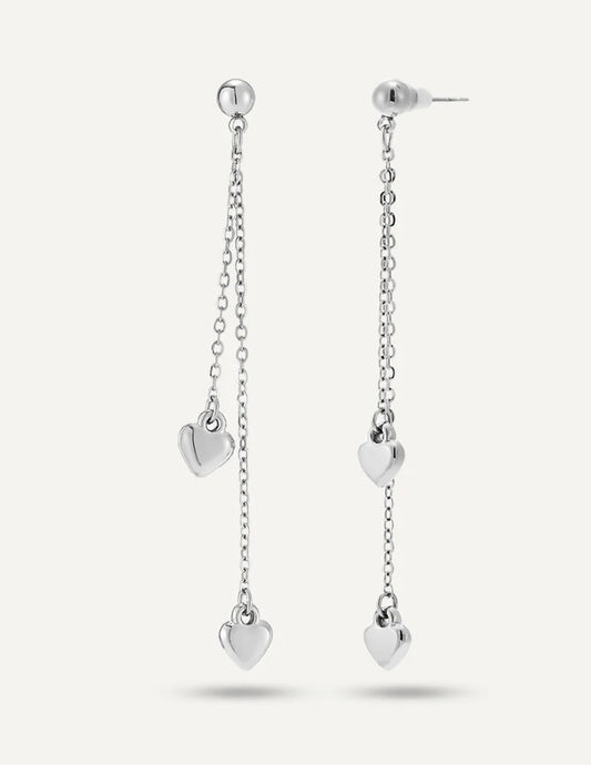 Double Chain Heart Post Earrings - Silver