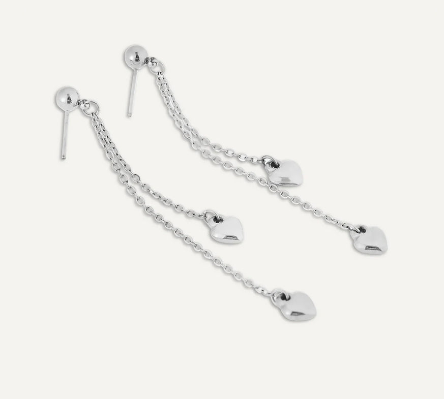 Double Chain Heart Post Earrings - Silver