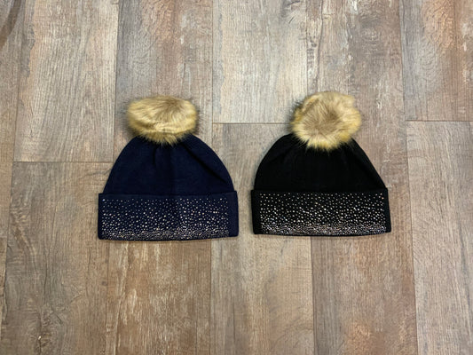 Diamanté Embellished Detachable Faux Fur Pom Pom Hat