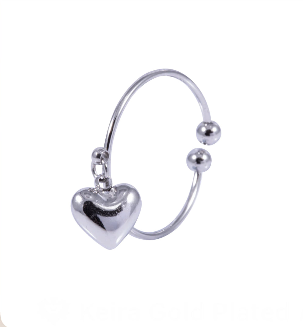 Adjustable White Gold Plated Heart Charm Ring