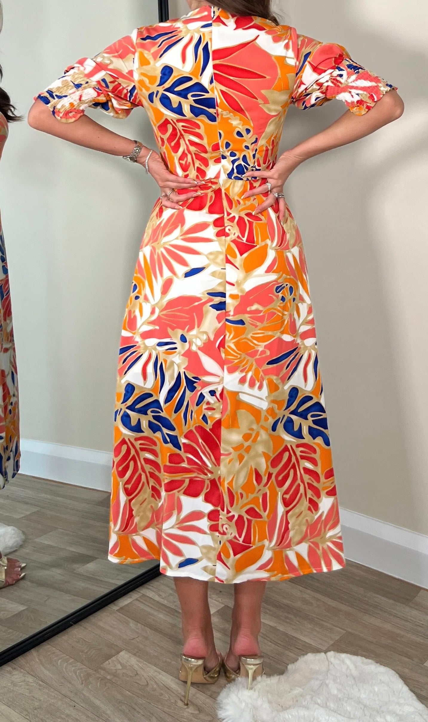 Shayla Orange Shirred Cuff Midi Dress