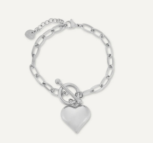 T Bar Heart Charm Clasp Bracelet - Silver