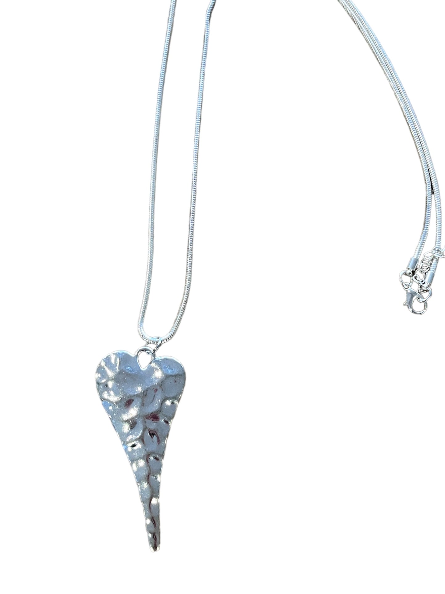 Long Hammered Silver Heart Pendant Necklace