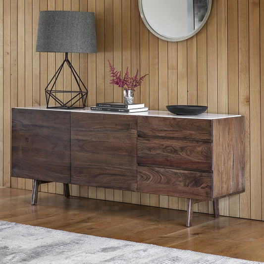 Marello Walnut Stained Solid Acacia Sideboard with Marble Top