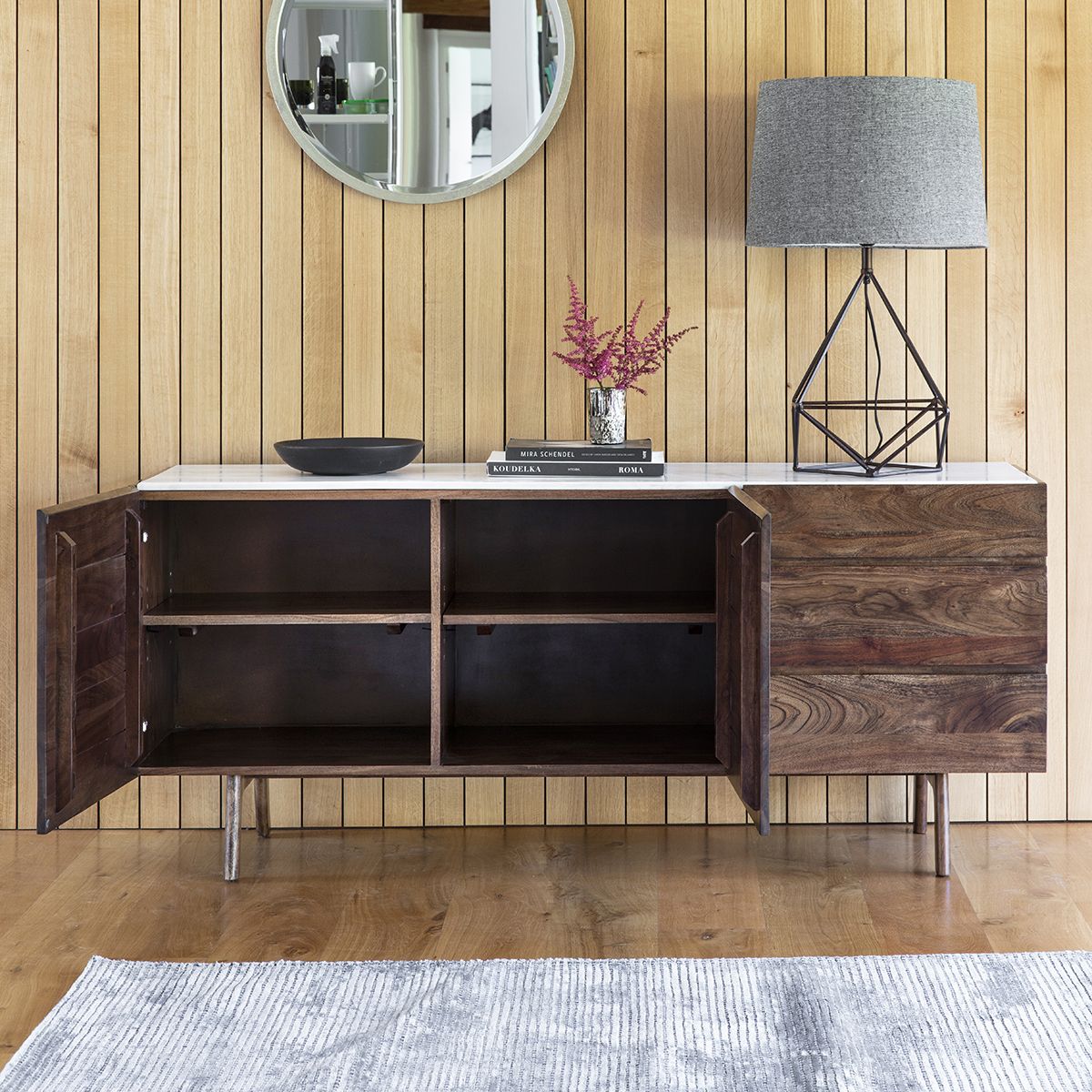 Marello Walnut Stained Solid Acacia Sideboard with Marble Top