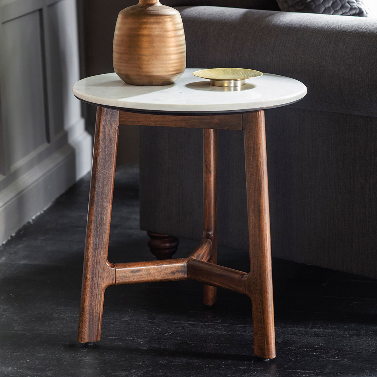 Marello Walnut Stained Acacia Solid Wood Side Table with Marble Top