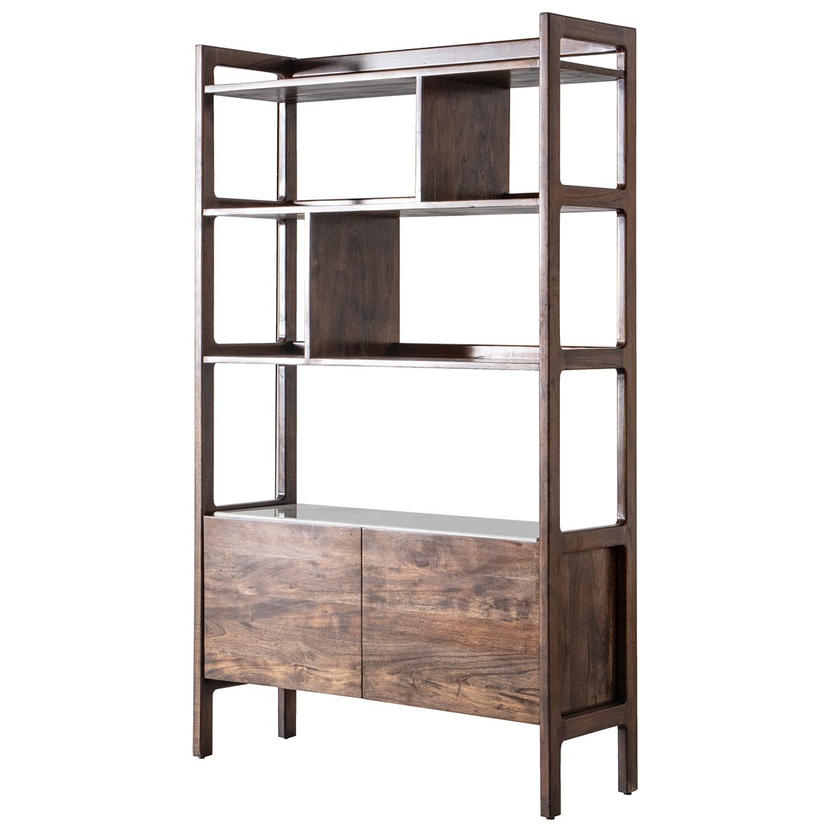 Marello Walnut Stained Acacia Solid Wood Display Unit with Fixed Marble Shelf