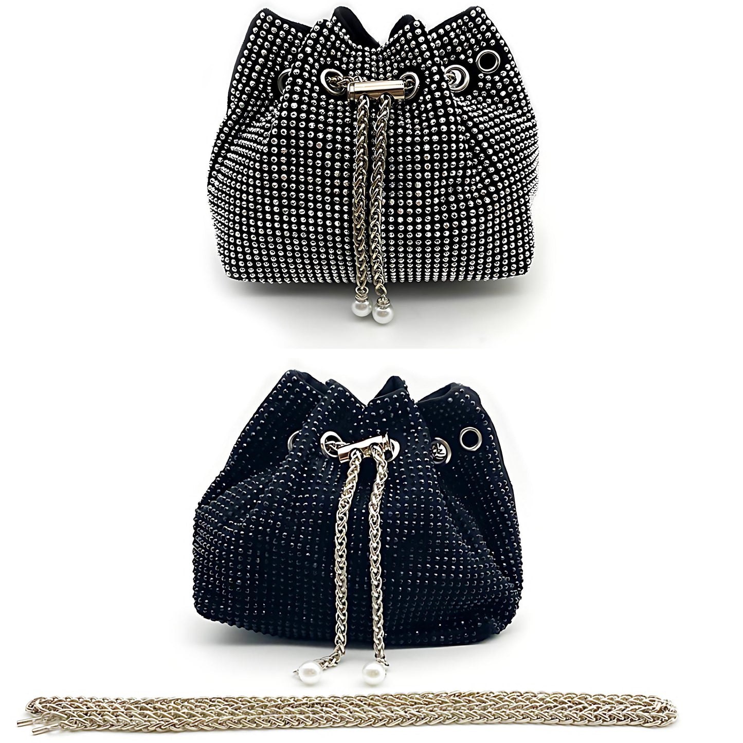 Studded Drawstring Bucket Bag with Chain Strap - 2 Colours