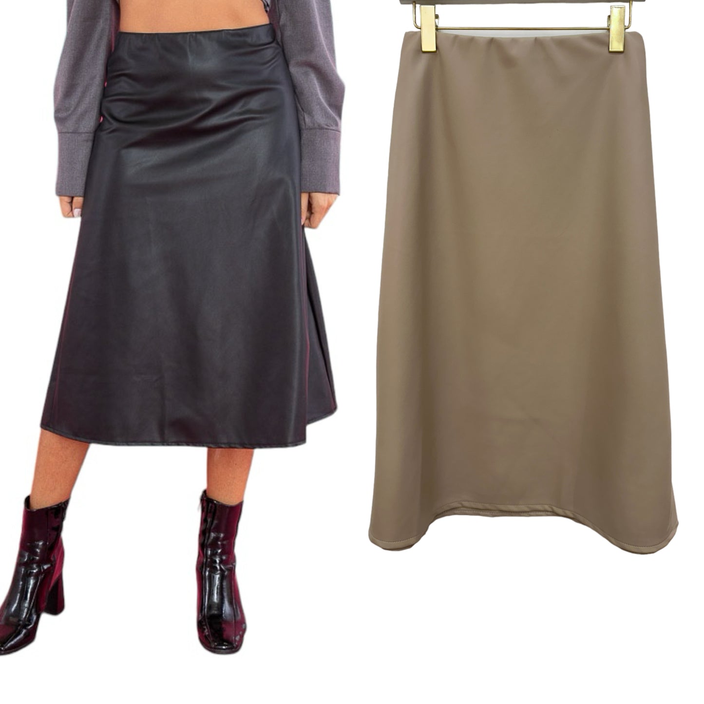 Elasticated Waist Pu A-Line  Skirt