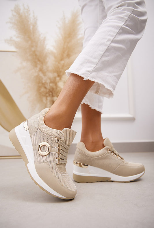 Beige Gold Ring Wedge Trainers