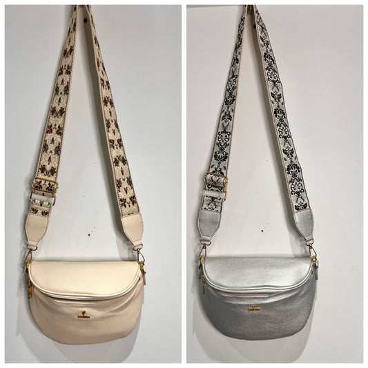Curved Cross Body Bag with Print Strap - 2 Colours