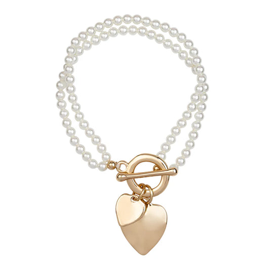 Mother of Pearl T-Bar Bracelet - Gold Double Heart Charm