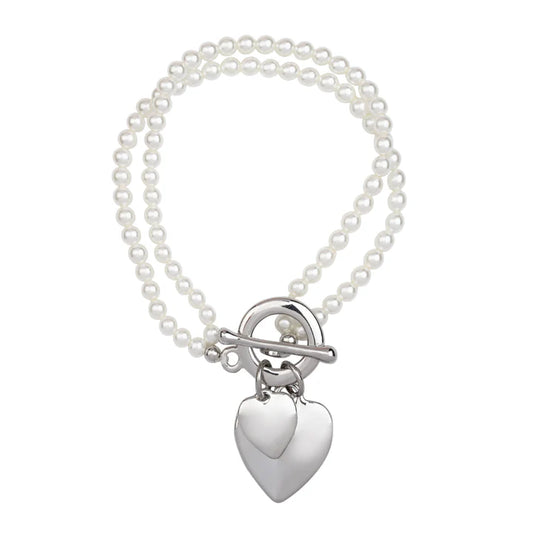 Mother of Pearl T Bar Bracelet - Silver Double Heart Charm