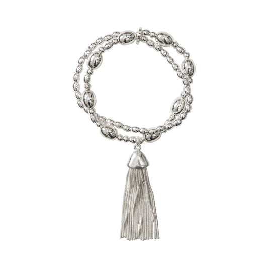 Rhodium Silver Tassel Charm Elasticated Bracelet