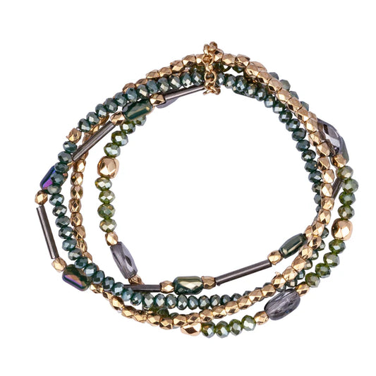 Green & Gold Beaded Elasticated Multi Strand Bracelet