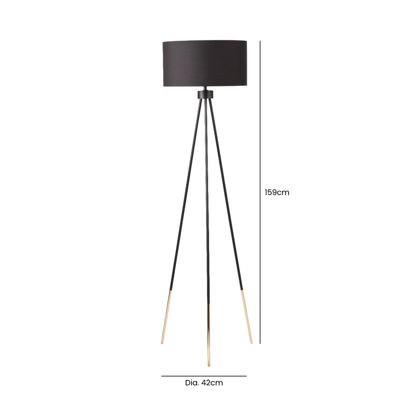 Black & Gold Tripod Floor Standing Lamp - Black Shade with Gold Inner - 159cm