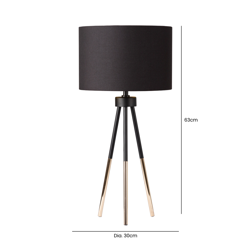Black & Gold Tripod Table Lamp - Black Shade with Gold Inner - 63cm