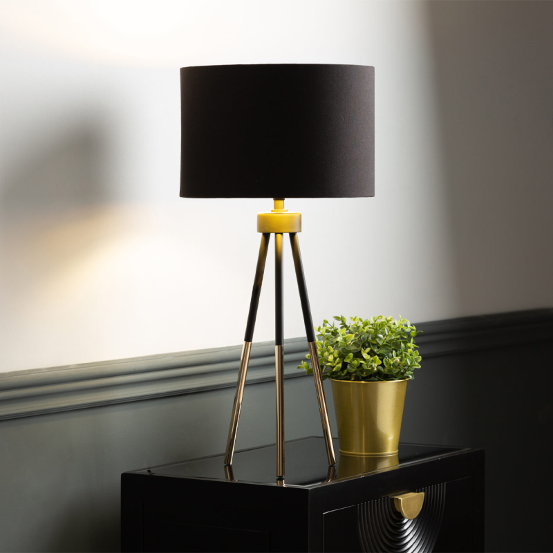 Black & Gold Tripod Table Lamp - Black Shade with Gold Inner - 63cm