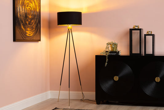 Black & Gold Tripod Floor Standing Lamp - Black Shade with Gold Inner - 159cm