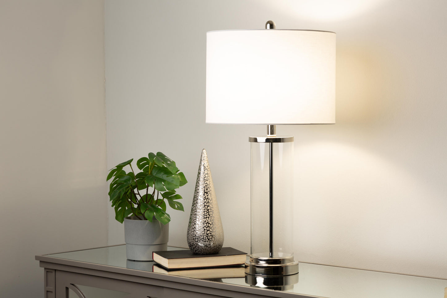 Luna Clear Glass Table Lamp with White Linen Shade - 66.7cm