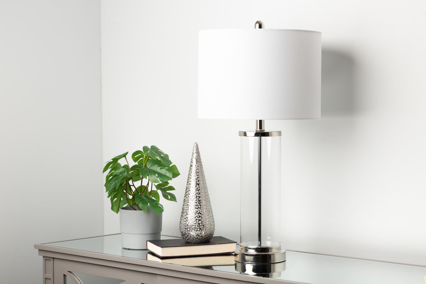 Luna Clear Glass Table Lamp with White Linen Shade - 66.7cm