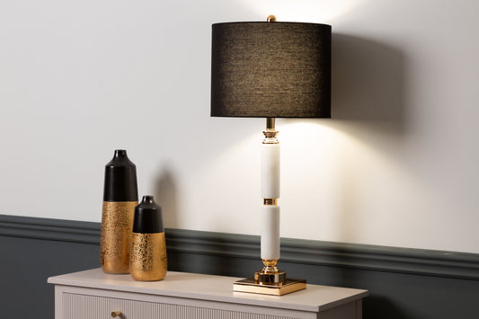 Tall White Marble Base Table Lamp with Black Shade - 78cm