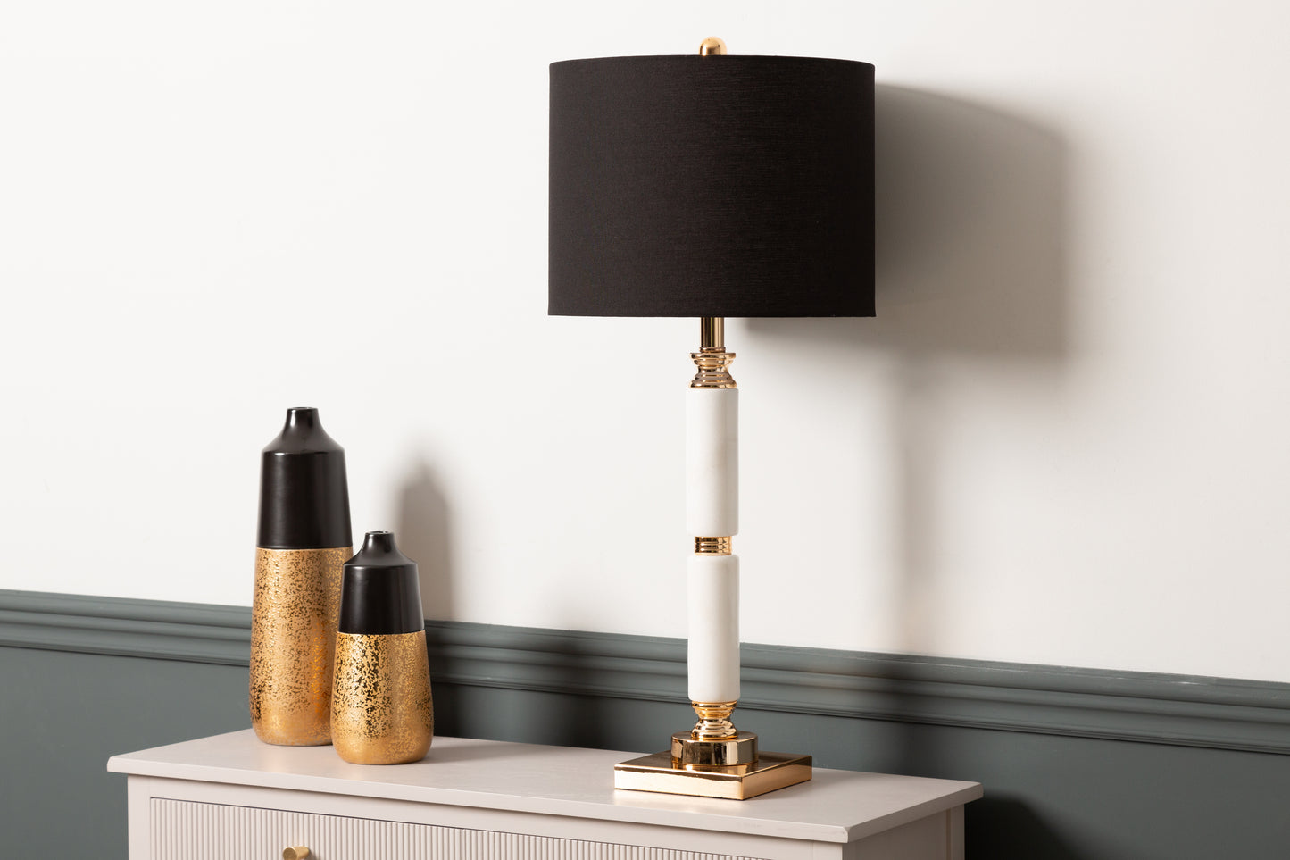 Tall White Marble Base Table Lamp with Black Shade - 78cm