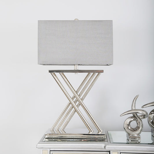 Denver X Frame Tall Table Lamp - Nickel finish with Grey Faux Silk Shade - 70cm