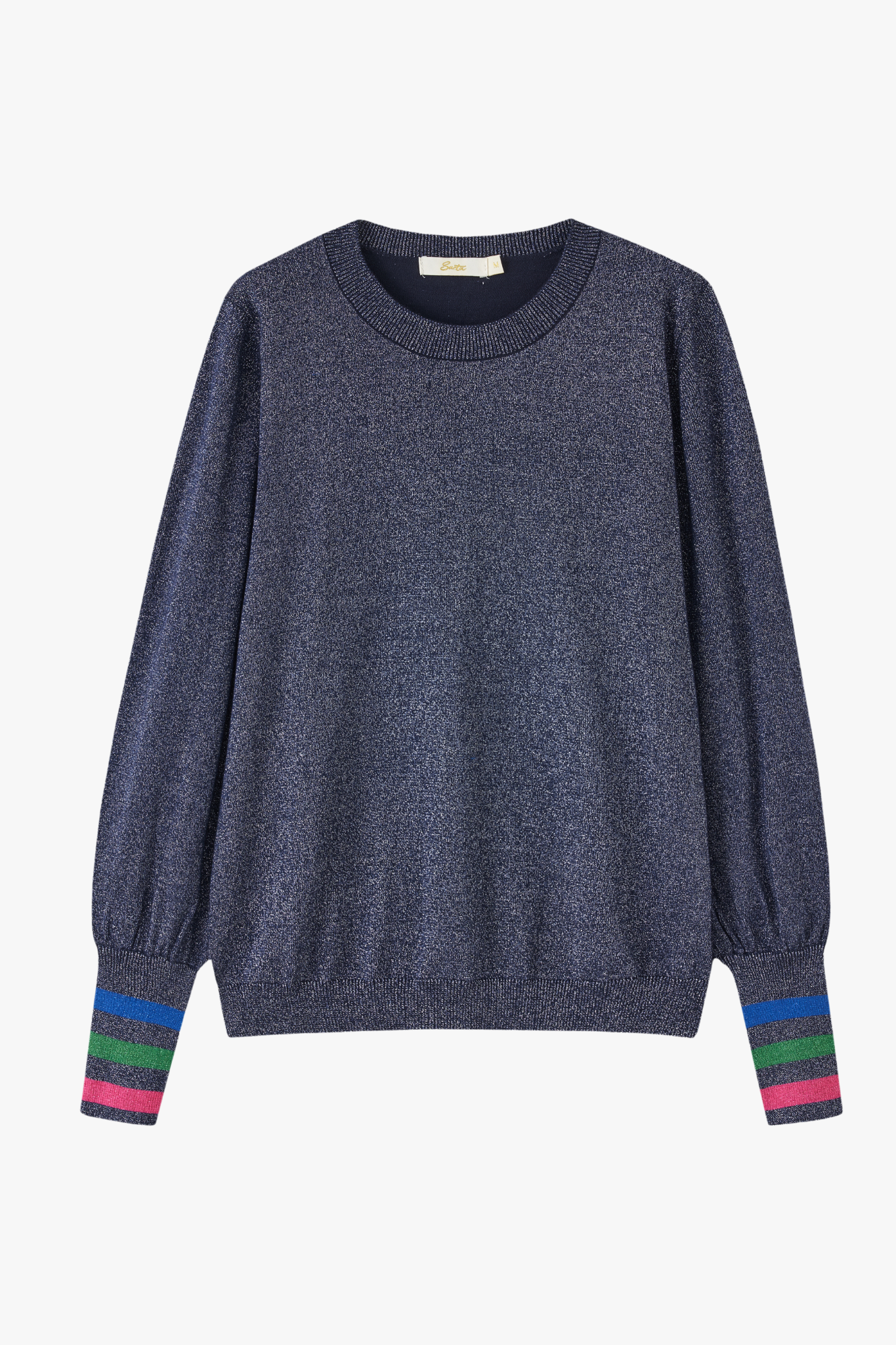 Navy Blue Multi Balloon Sleeve Jumper with Striped Cuff: Small (8-10)