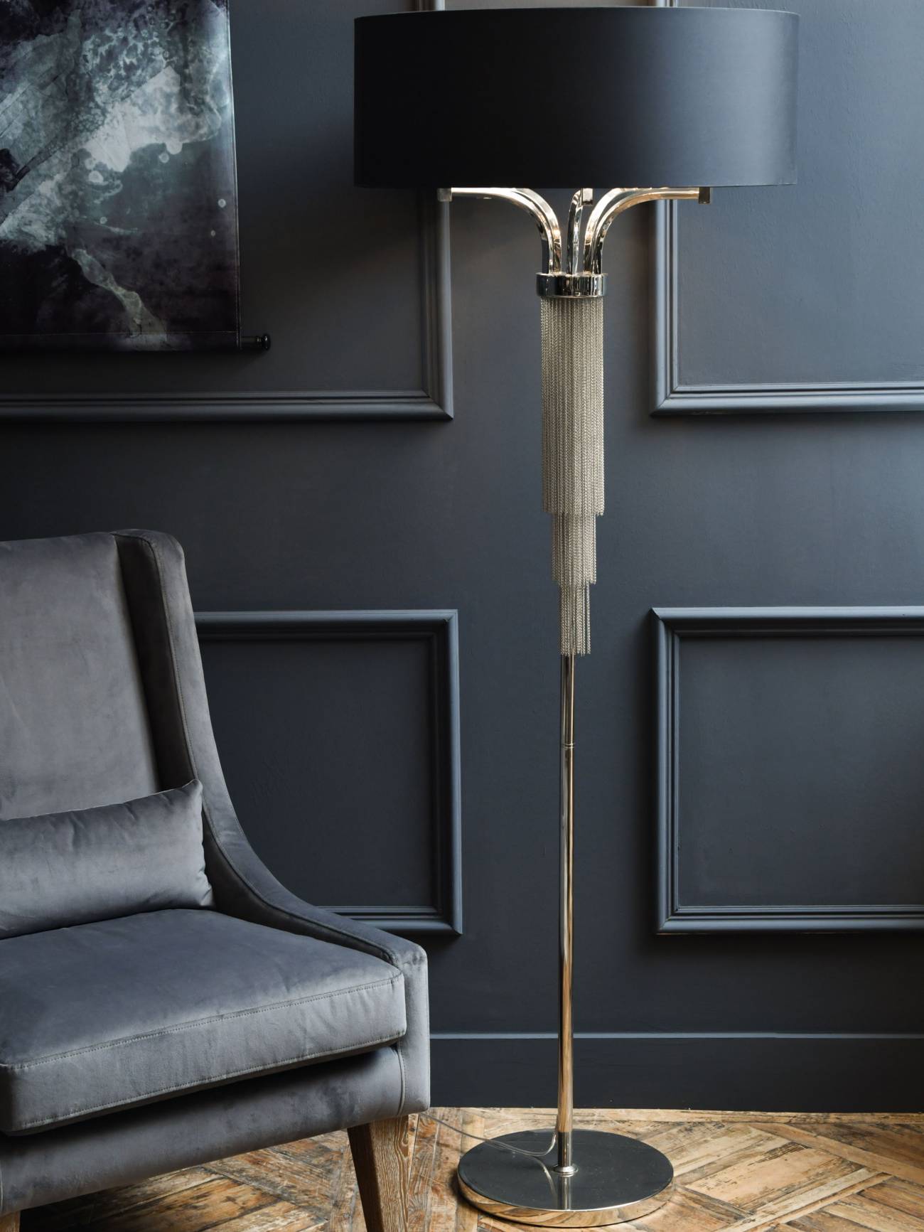 Chain Detail Floor Lamp In Nickel With Black Shade