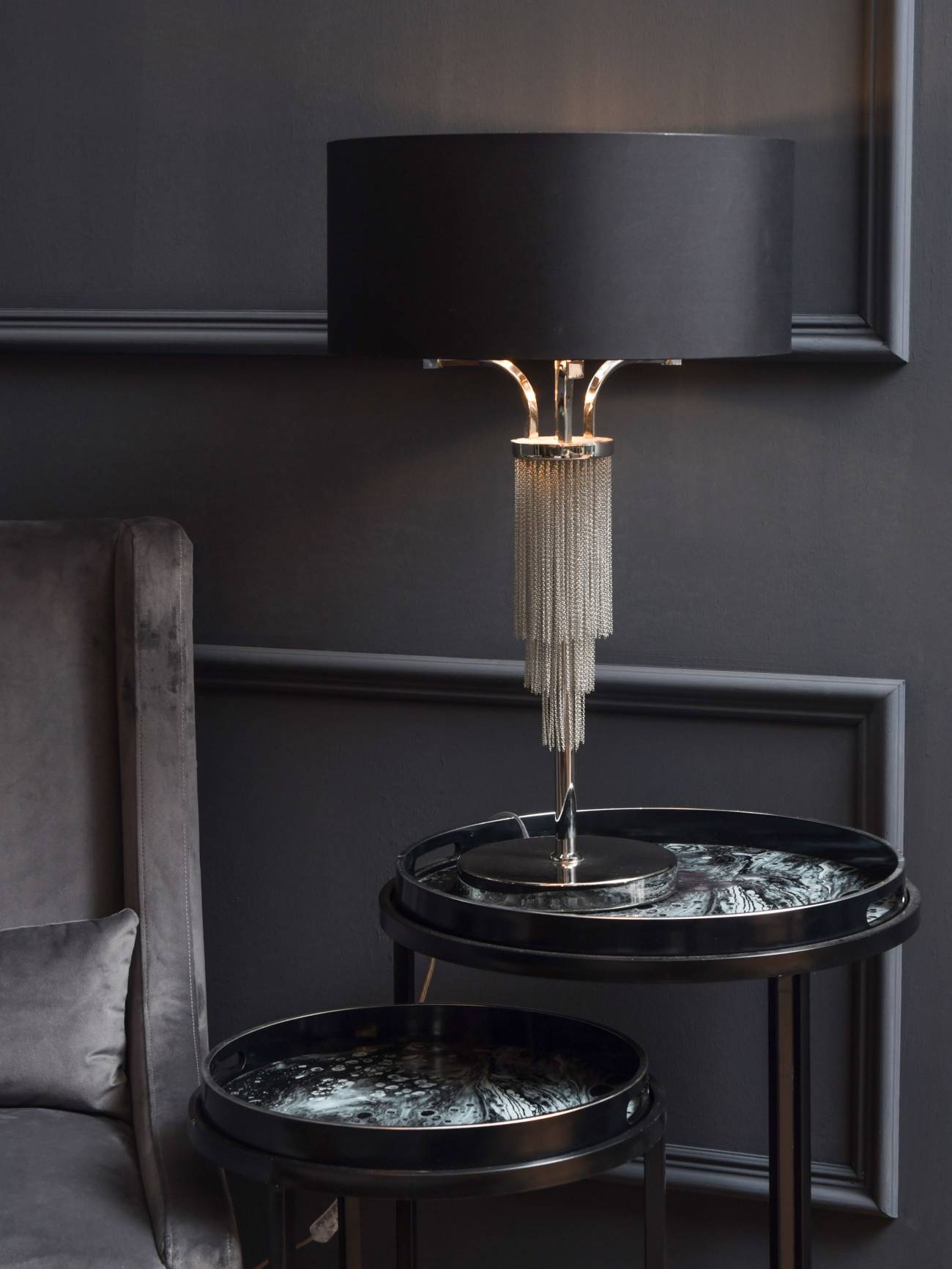 Chain Detail Table Lamp In Nickel With Black Shade