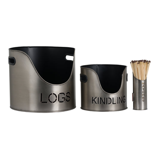 Pewter Finish Logs And Kindling Bucket & Matchstick Holder