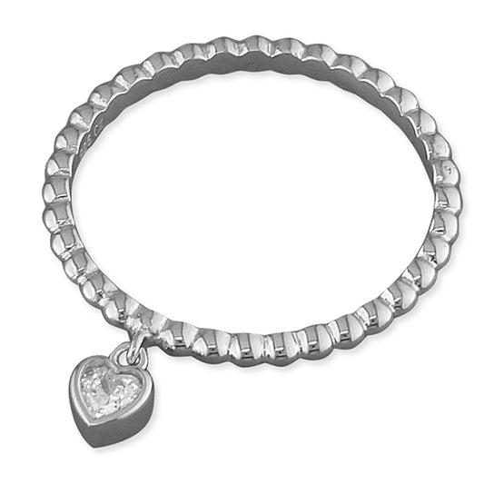 Sterling Silver Ring - Twist Band With Cubic Zirconia Heart Charm