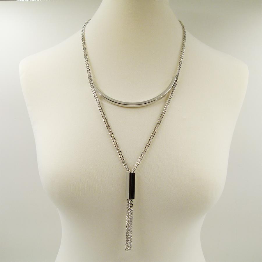 Long curbchain necklace with crescent bar pendants