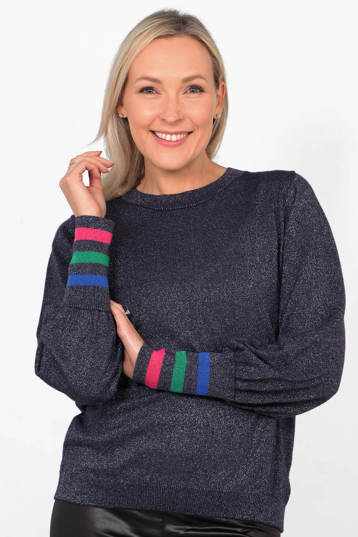 Navy Blue Multi Balloon Sleeve Jumper with Striped Cuff: Large (16-18)