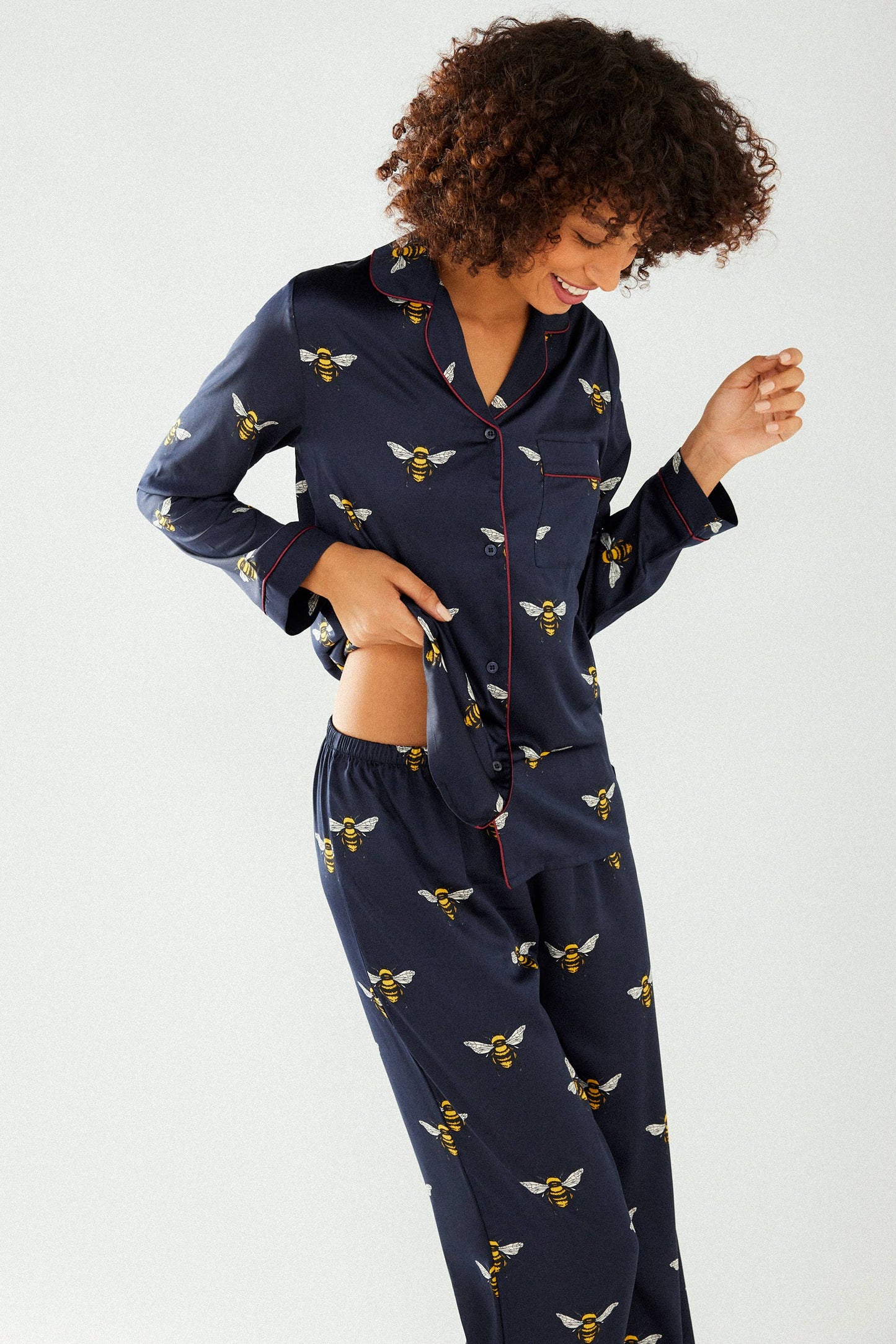 Chelsea Peers Satin Navy Bee Long Button Up Set