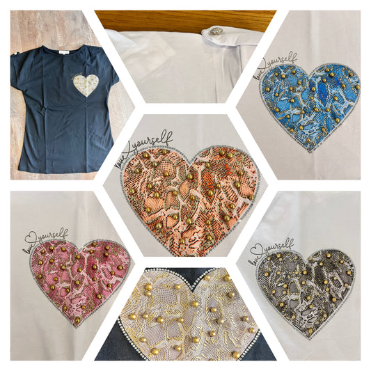 Printed Heart T Shirt with Diamanté Button Shoulder Detail