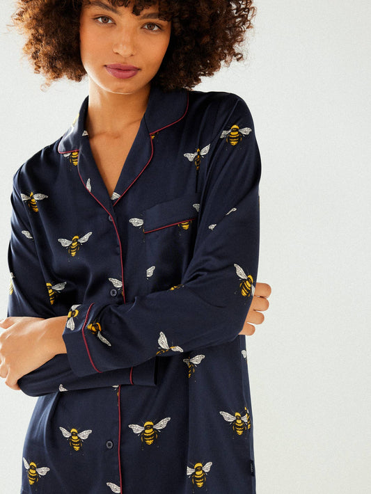 Chelsea Peers Satin Navy Bee Long Button Up Set