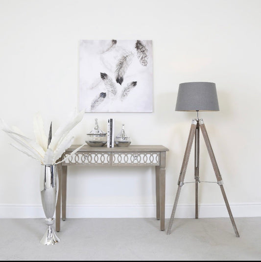 Grey wood Tripod Floor Lamp with 17 inch grey linen shade