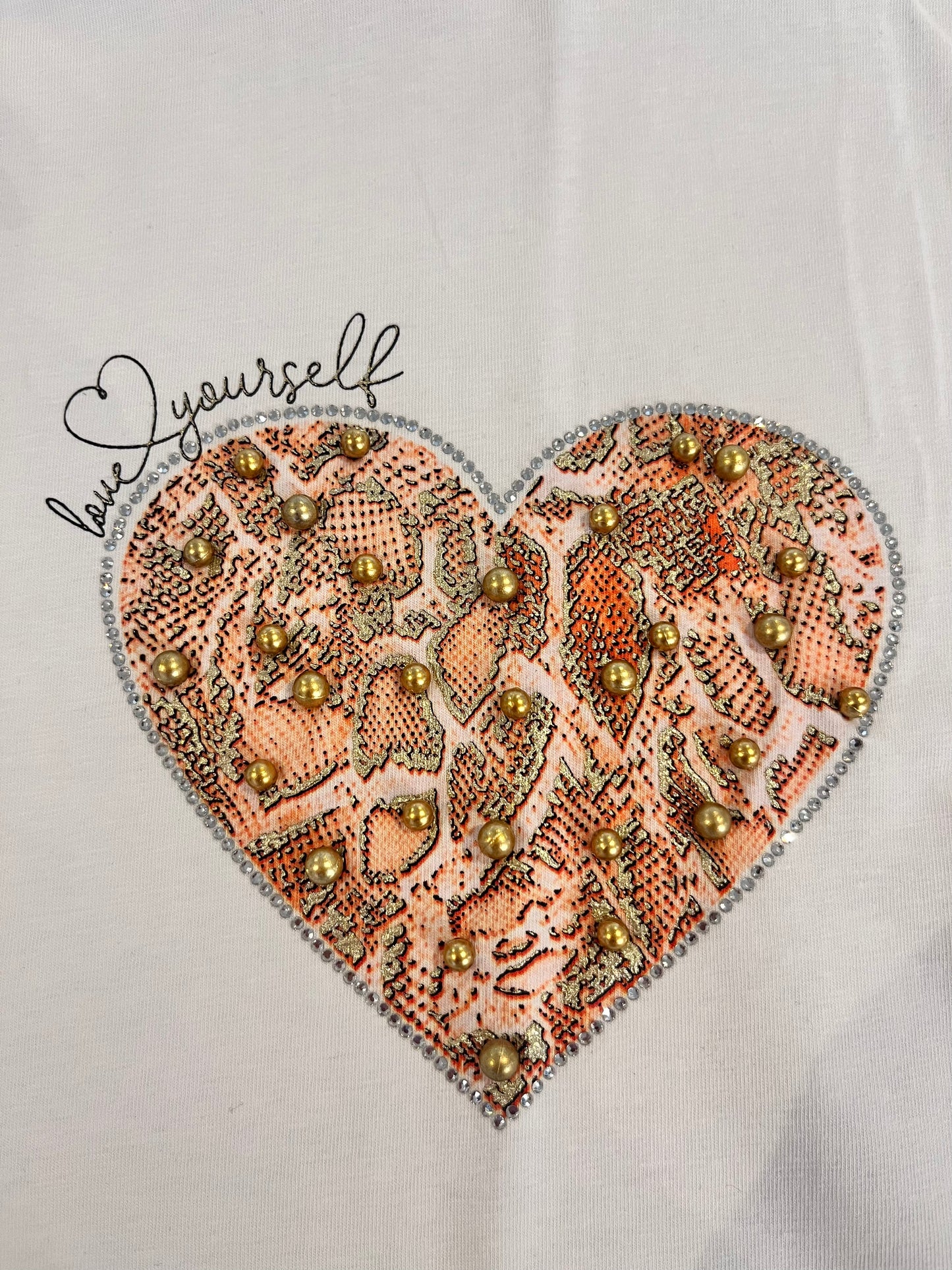 Printed Heart T Shirt with Diamanté Button Shoulder Detail